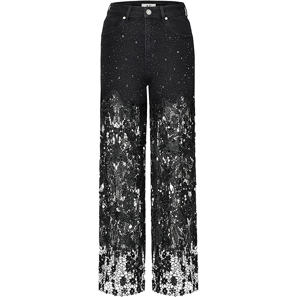 xxxiticat Women's Lace Denim Pants High Waisted Hollow Out